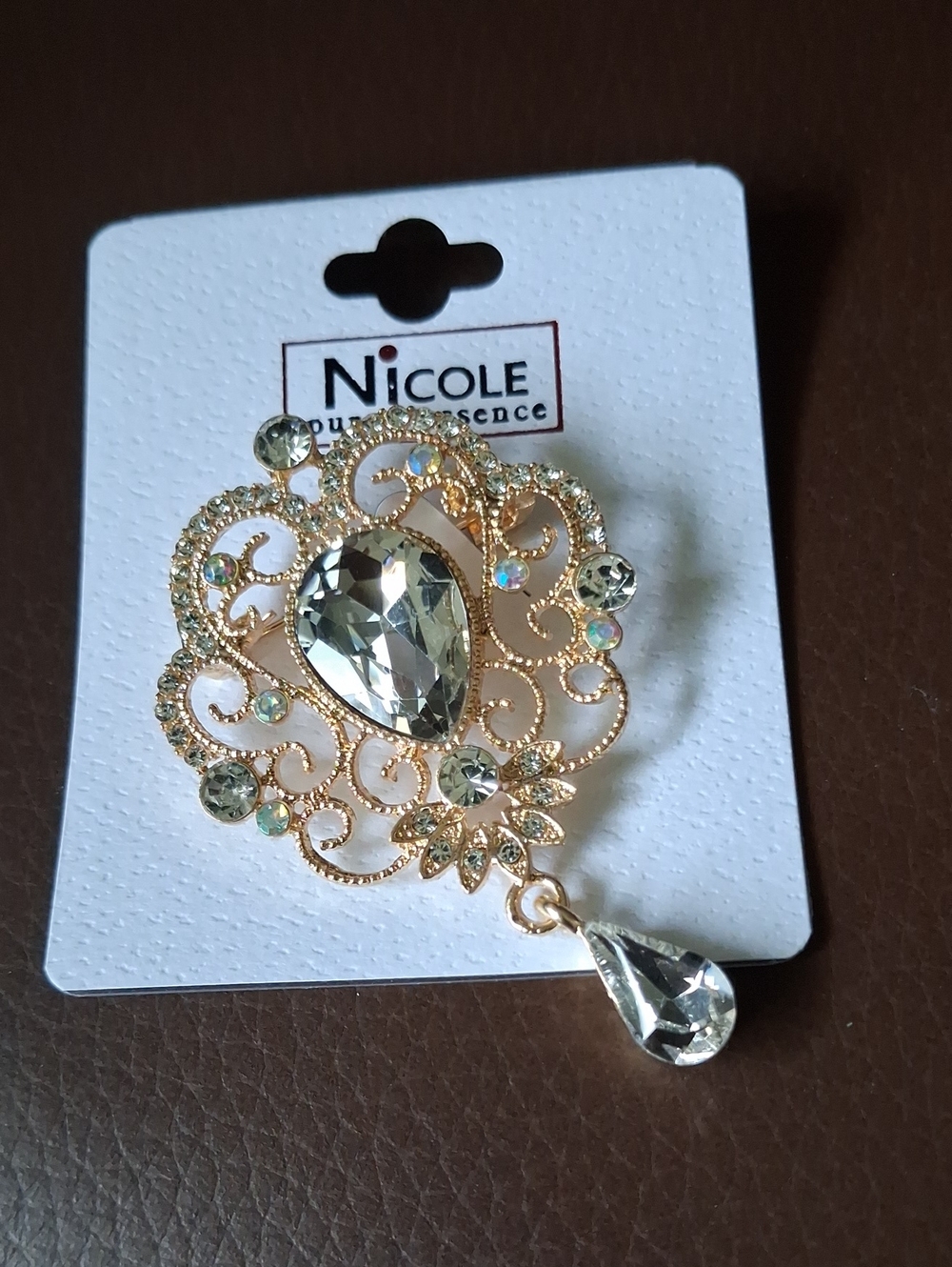 Nicole Gold-Tone Teardrop Filigree Crystal Brooch - Clear & Gold